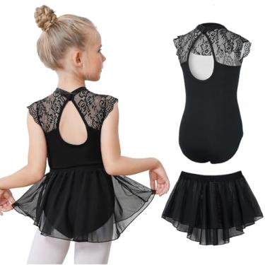 Imagem de Gogokids Collant de balé para meninas, collant de dança, vestido de dança de renda vazado nas costas com saia removível, combo de 3 a 12 anos, C - preto (saia de puxar), 8-9 Anos