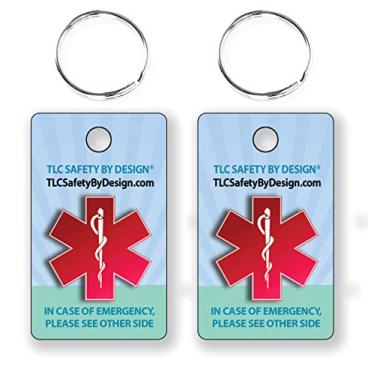Imagem de TLC Safety By Design Medical ICE Alert in Case Emergency Allergy Safety I.D. Pacote com 2 etiquetas de chave de plástico com cartão de chamada de contato (conjunto padrão de 2, conjunto de etiquetas