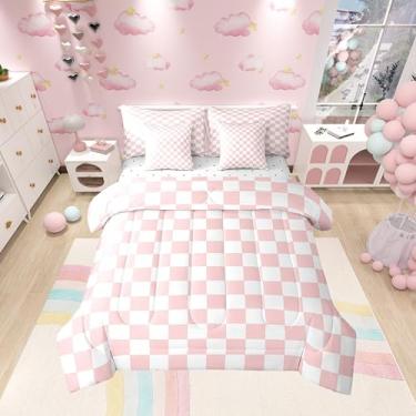 Imagem de Manfei Conjunto de cama casal com 7 peças, rosa e branco, quadriculado, quadriculado, geométrico reversível, decoração de quarto de princesa, cama quadriculada em uma bolsa com edredom, lençóis e