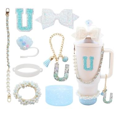 Imagem de Conjunto de acessórios de copo de 8 peças para Stanley Copo de 76 ml com alça, incluindo topo de palha, bota, alça de alça de garrafa de água, decoração de arco de palha, pulseiras, pingente de letra