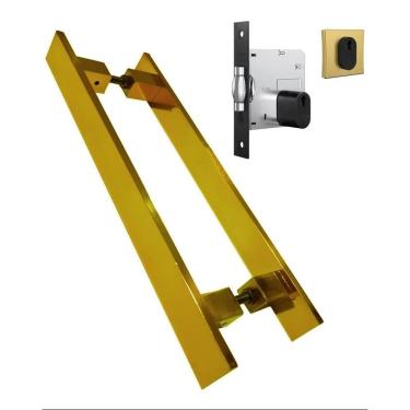 Imagem de Puxador Porta Pivotante Inox Dourado Reto + Fechadura 60 Cm