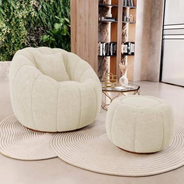 Imagem de Poltrona Decorativa Concha Giratória com Puff Estilo Abóbora Shell Bouclê Bege - Desk Design