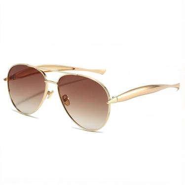 Imagem de LASPOR Óculos de sol aviador grandes modernos para mulheres e homens, óculos de sol de aviadores dos anos 70, Armação dourada/lente marrom gradiente