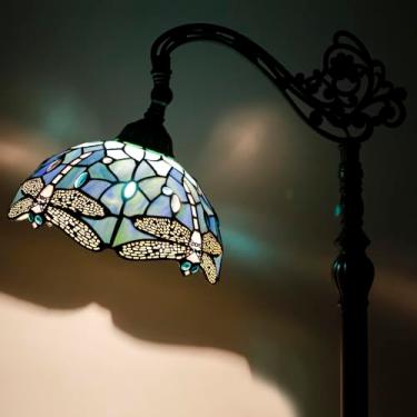 Imagem de AVIVADIRECT Tiffany Luminária de chão de vidro manchado azul marinho libélula luz de leitura arqueada pescoço de ganso lâmpada de pé de canto ajustável 25 x 40 x 162 cm para quarto, sala de estar