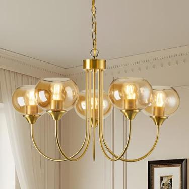 Imagem de FEAZAC Lustre de globo moderno de meados do século 5 lâmpadas de vidro âmbar vintage Sputnik lustres pendentes de ouro luminárias para sala de jantar cozinha sala de estar quarto