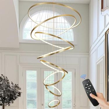 Imagem de Sparklelf Lustre de LED moderno com 8 anéis reguláveis dourado para teto alto, iluminação pendente contemporânea de LED grande para entrada de escada, sala de estar, D35'' 3000K-6500K