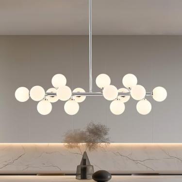 Imagem de PiWWPi Globo de vidro Sputnik Lustre, luminária moderna de 16 luzes de meados do século sobre mesa, lustres lineares para sala de jantar, ilha de cozinha, cromo e bolha branca leite, 101 cm, GC-02