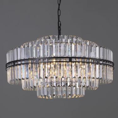 Imagem de TOCHIC Lustre redondo moderno de 6 luzes de cristal preto, luminária de teto grande de cristal de 3 camadas para sala de jantar, quarto, banheiro, cozinha, entrada, 66 cm