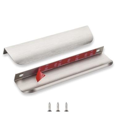 Imagem de sunlithor Puxadores de dedo de borda para armários, descasque e cole na gaveta da cozinha, invisível, autoadesivo, sem furadeira, pacote com 10 puxadores de níquel escovado, 20 cm, fácil instalação