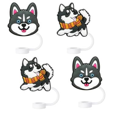 Imagem de Topos de palha de cachorro Husky siberiano para copos Stanley; tampas de palha Husky siberiano compatíveis com Stanley copo de 30 e 1,134 g, topo de canudos reutilizáveis e de silicone para pontas de