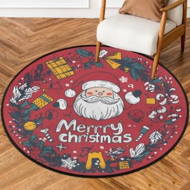 Imagem de Tapete redondo com padrão de Natal vermelho 1,5 m, antiderrapante, tapete redondo lavável, tapete de decoração para quarto, sala de estar, sala de jantar, entrada, berçário, interior