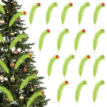 Imagem de Conjunto de 16 peças de topo de árvore de Natal, 43 cm, verde limão, encaracolado, com bola verde vermelha, palitos de árvore de Natal artificiais, para decoração de guirlanda de casa de inverno