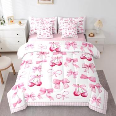 Imagem de Castle Fairy Conjunto de edredom com laço rosa para decoração de quarto, estilo princesa sonhadora feminina, tamanho casal, 7 peças, cama de cereja de verão em uma bolsa com edredom, lençóis, fronhas