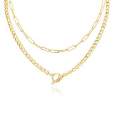 Imagem de MEIITRUE Colares em camadas para mulheres, corrente banhada a ouro 14 k, colar gargantilha moderna e delicada, fecho articulado, elos cubanos, clipe de papel, corrente para presente, One Size, Metal