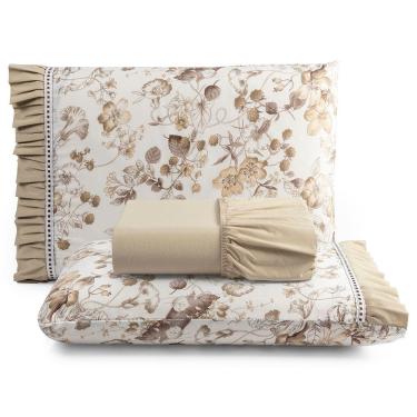 Imagem de Jogo Cama Lençol Fiore Queen Estampado 180 Fios 100% Algodão com Babadinho 3 Peças Bege Floral