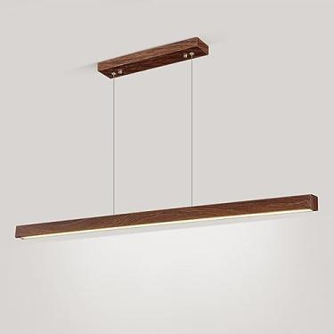 Imagem de Lustre de escada com pendente linear em madeira, lustre de tira longa de metal com cúpula de acrílico branco, luminárias suspensas ultrafinas para sala de jantar, lustre de LED para decoraçã