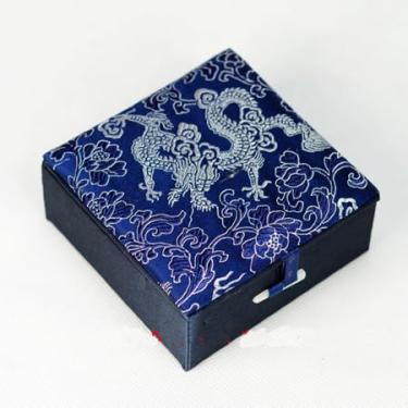 Imagem de Only My Live Home Pulseiras de brocado de seda preenchidas com algodão caixas de joias para mulheres, estojo de armazenamento quadrado estilo chinês (azul escuro (dragão), 10 x 10 x 4,5 cm
