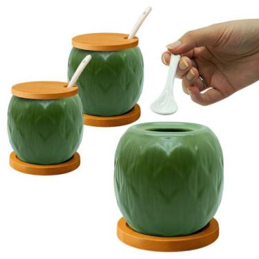 Imagem de Kit 2 Açucareiro Saleiro De Cerâmica Com Tampa De Bambu E Colher 350ml