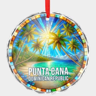 Imagem de Enfeite de Natal de cristal de Punta Cana República Dominicana, design de praia tropical, disco de vidro chanfrado redondo de 7,6 cm, presente de lembrança de férias no Caribe, enfeite de pôr do sol