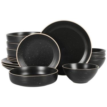 Imagem de Aparelho de Jantar de Pedra de 16 Peças Gibson Home Dinah Bowl Duplo de Jantar com Relevo em Alto-Relevo Preto Fosco - Serviço para 4