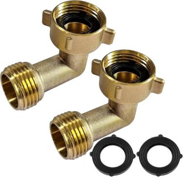 Imagem de ANPTGHT Conector de cotovelo de mangueira de latão de 90 graus, 2 peças, acessórios de cotovelo de mangueira de jardim, cotovelo de 90 graus para mangueira de água de trailer + 2 arruelas de borracha