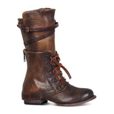 Imagem de Bigfanshu Sapatos femininos vintage inverno outono couro PU botas com cadarço cano médio fivela alça zíper plataforma botas de equitação conforto atlético ocasião elástica botas de cano alto botas de frio, Marrom, 41 BR