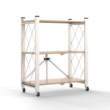 Imagem de Hershii Rack de armazenamento de metal de 3 camadas com rodas, prateleira dobrável de metal, carrinho de rodinhas para livros, prateleiras de armazenamento de cozinha, organizador de despensa e