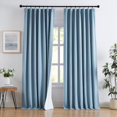 Imagem de Cortinas plissadas de 108 polegadas de comprimento para quarto, cortinas blecaute de linho azul com forro de cortina branca, cortinas de janela com isolamento térmico para sala de estar, quarto de