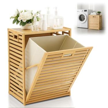 Imagem de Threehoney Cesto de roupa suja inclinável de bambu, cesto de roupa suja de bambu de 18 galões com cesto de tecido removível e dobrável, organizador de cesta grande para banheiro e quarto, natural