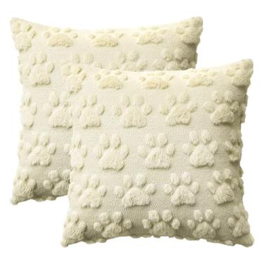 Imagem de AVOIN colorlife Dog Paws Farmhouse Capas de almofada bege, 45,7 x 45,7 cm de pelúcia macia jacquard capa de almofada decoração de festa conjunto de 2