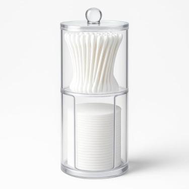 Imagem de Porta Algodão e Cotonete Duplo 18cm Organizador Transparente com Tampa em Acrílico Dispenser para Cosméticos e Higiene Pessoal