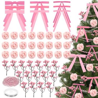 Imagem de LOYIM Conjunto de 78 peças de decoração de árvore de Natal rosa rosa inclui laços de veludo rosa falso, palitos de bagas, guirlanda de pérola, enfeites de veludo, laços de Natal para decoração de