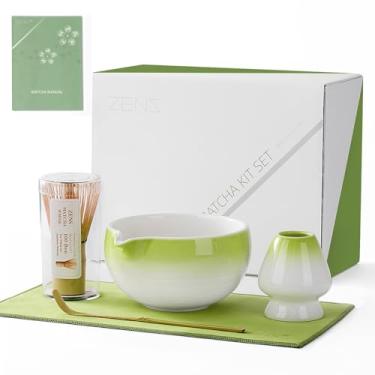 Imagem de ZENS Conjunto de chá Matcha, conjunto de batedor Matcha e tigela verde Matcha de 425 g com bico, kit de batedor Matcha com suporte Chansen e colher de bambu, toalha de chá, conjunto de 5 peças Matcha