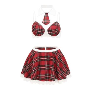 Imagem de Avidlove Lingerie feminina impertinente conjuntos de lingerie xadrez 3 peças conjunto saia roupas vermelho médio