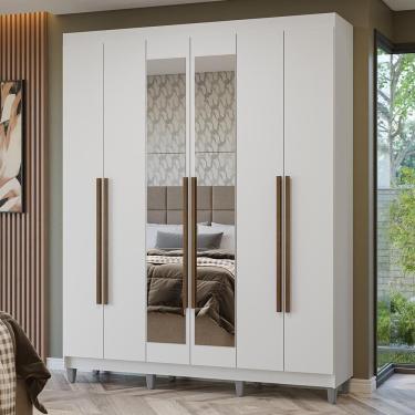 Imagem de Guarda-roupa Casal Com Pés 6 Portas Batentes Com Espelho Branco/branco/rustic Netuno Madesa