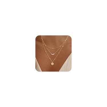 Imagem de Colar de ouro em camadas para mulheres, moderno, banhado a ouro 14K, delicado e empilhável, corrente de clipe de papel em espinha de peixe, diamante, moeda, cruz, etiqueta, Mobius Pandent, joias