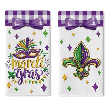 Imagem de Croar Conjunto de 2 toalhas de prato de cozinha máscara de carnaval de Nova Orleans flor de lis, toalha de mão de secagem pano de cozimento, arco xadrez búfalo baile de máscaras festa banheiro