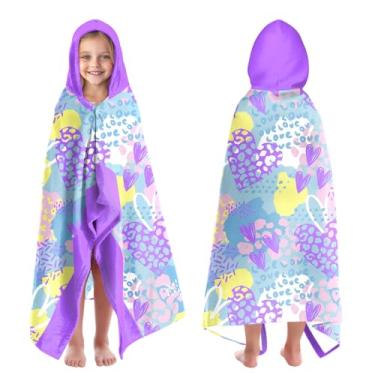 Imagem de Love Heart Print Toalhas de praia grandes com capuz para crianças de 7 a 10 anos, toalhas de banho com capuz para crianças adolescentes 89 cm x 152 cm toalha de criança roxa de secagem rápida para