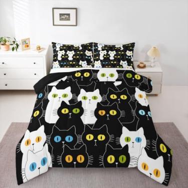 Imagem de jejeloiu Conjunto de edredom fofo com estampa de gato preto para todas as estações, conjunto de cama com 1 fronha, animais kawaii, microfibra infantil, para decoração de quarto, edredom respirável