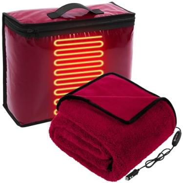 Imagem de Riakrum Cobertor elétrico de lã aquecido de 12 V com 2 níveis de aquecimento, bolsa de armazenamento USB para acendedor de cigarros, quente para carro, caminhão, SUV, trailer, acampamento e viagem
