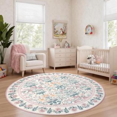 Imagem de Arvenchy Tapete redondo rosa lavável: Tapete circular floral de 1,5 m para sala de estar, quarto, meninas - Tapete Boho macio antiderrapante para quarto de crianças