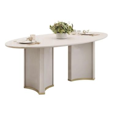 Imagem de Mesa De Sala Jantar Liz C/ Tampo Madeirado C/ Vidro Oval 218x108cm Off White/off White - Dj Móveis