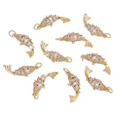 Imagem de WADORN Pingente de pingente de mini peixe banhado a ouro real 18 quilates, pingentes de peixe de zircônia cúbica com strass e pingentes de peixe do oceano para pulseira faça você mesmo, colar, brincos