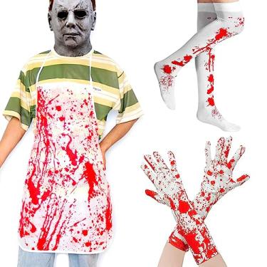 Imagem de USUKUSI Conjunto de fantasia de açougueiro sangrento de Halloween - Meias de avental de chef - Conjunto de terror sangrento de Halloween com estampa de mão com estampa de mão