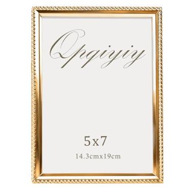 Imagem de QPQIYIY Porta-retrato 12 x 17 cm com capa de vidro real, molduras douradas com mesa ou pendurar na parede, revestimento de corda de metal