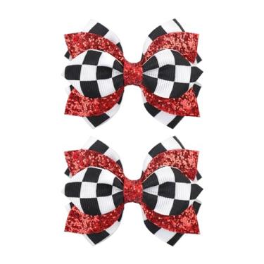 Imagem de YanJie 2 peças de laço de cabelo de 7,2 cm para meninas, clipes de glitter xadrez, acessórios de cabelo preto para mulheres, grampo de cabelo vermelho, lindos prendedores de laço, alfinetes, roupas