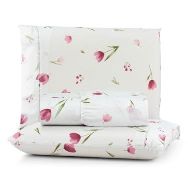 Imagem de Jogo de Lençol 200 Fios Algodão Estampa Borboletas – King, Queen, Casal e Solteiro(TULIPA ROSA,SOLTEIRO 2-PEÇAS)