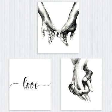 Imagem de 3 peças de citações de amor e pôsteres de mãos dadas românticas, decoração de parede, arte romântica moderna sem moldura para paredes, decoração de arte de parede para casa, sala de estar, quarto