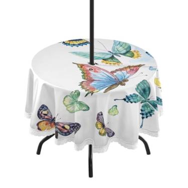 Imagem de Qilmy Toalha de mesa redonda impermeável borboleta voadora aquarela de 152 cm com orifício para guarda-chuva e zíper – uso externo / interno resistente para pátio, churrascos, piqueniques, festas