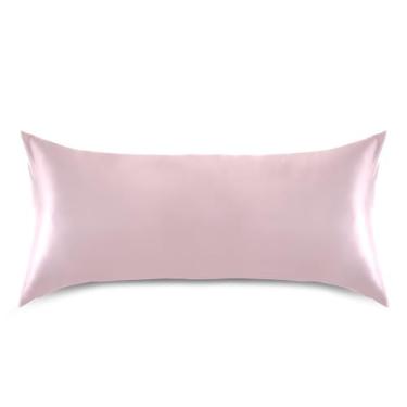 Imagem de Qilmy Fronha de cetim rosa em pó cor sólida para cabelo e pele, capa de almofada de seda refrescante respirável macia com fecho de envelope, tamanho king size 50 x 101 cm